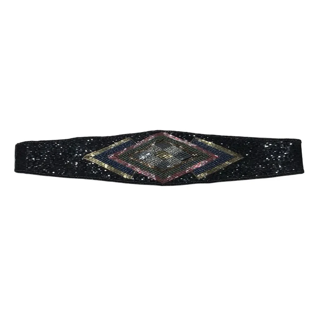 Vintage Lindsey Blake Beaded Belt Art Deco Boho Cummerbund Waist Geometric M/L